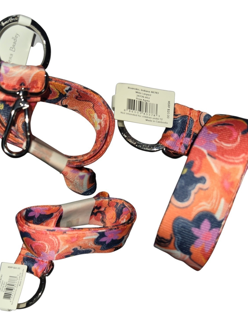 Vera Bradley Orange "Rosa Agate" Floral Lanyard Keychain NWT